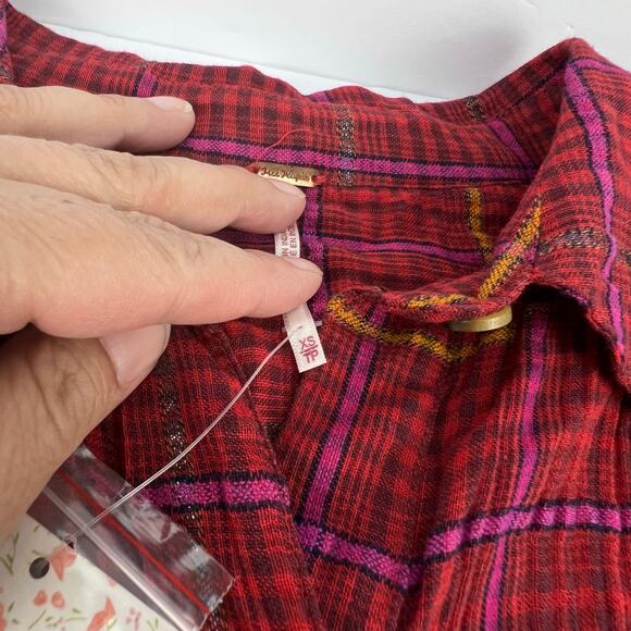 NWT Free People Break My Stride Metallic Button Up Oversized Top Shirt Red Small - Picture 10 of 14